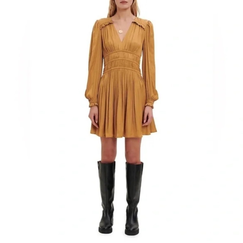 Maje Riane Ruched Satin Mini Dress in Gold Size 35 (NWT)